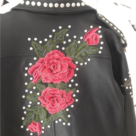 LF Carmar Black Leather Embroidered Moto Jacket - Picture 5 of 6